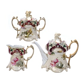 Three Piece Tea Set, Marked R.S. Prussia, Point And Clover Mold