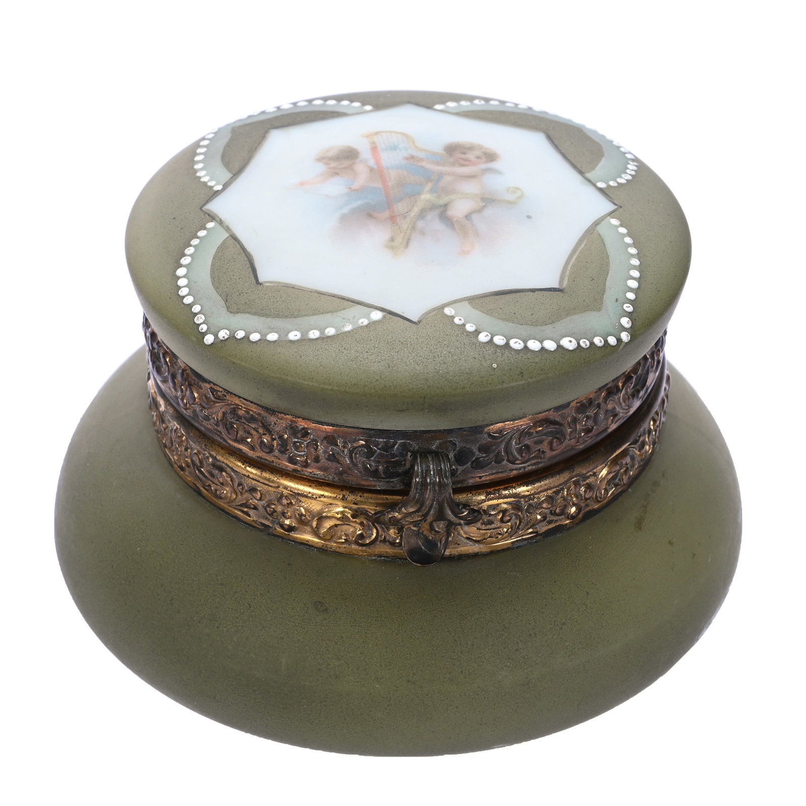Jewel Box, Marked Nakara Art Glass: .48 lbs, 2.5" x 3.75", Jewel Box, Marked Nakara Art Glass, Green Tones With Cherubs Playing Harp Decor, White Beaded Enamel Tapestry Highlights, Armstrong Family Collection.