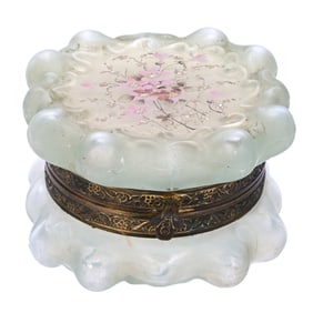 Jewel Box, Wave Crest Stamp Mark, Green Crystal With Pink Floral Decor