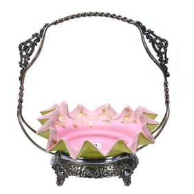 Victorian Brides Basket, Green Cased Satin Glass Ruffled Bowl With Pink Interior