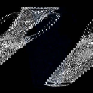 Two Handled Vase, American Brilliant Cut Glass: 4.62 lbs, 9.75" x 7" x 4.75", Two Handled Vase, American Brilliant Cut Glass, Hobstar, Vesica, Prism, Crosscutting, And Fan Motif, Double Notched Handles, Ray Cut Base, The Bob Lawroski Estate.