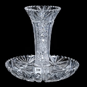 Two Piece Sectional Serving Dish Epergne, American Brilliant Cut Glass, Signed Libbey