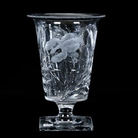 Pedestal Vase, American Brilliant Cut Glass, Signed Hawkes, Gravic Iris Pattern