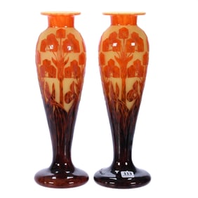 Pair Vases, Charles Schneider French Cameo Art Glass Signed Le Verre Francais,