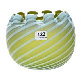 Rose Bowl, Green Opalescent Swirl Art Glass Attributed To Northwood