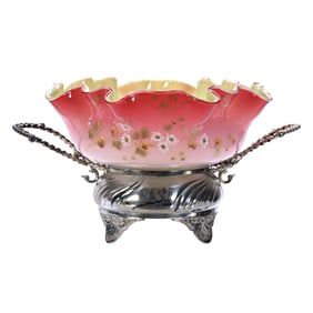 Victorian Brides Basket, Cased Peachblow Art Glass, Green Interior, Attributed To Webb