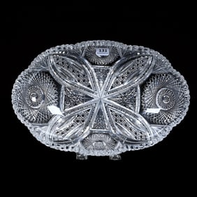 Oval Dish, American Brilliant Cut Glass, Four Alternating Sections Of Hobstar, Vesica, Cane, Prism