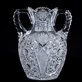 Vase, Two Handles, American Brilliant Cut Glass, Hobstar, Nailhead Diamond, Crosscutting, Star And