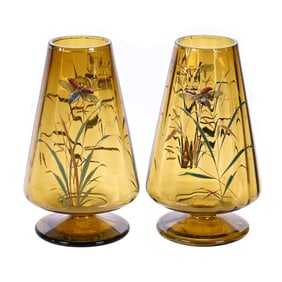 Pair Pedestal Tapered Vases, Art Glass, Solid Amber