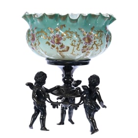 Victorian Brides Basket, Green Cased Melon Ribbed Art Glass Bowl