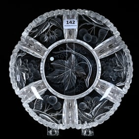 Low Bowl, American Brilliant Cut Glass, Signed Tuthill With Engraved Cherries, Grapes And Berry