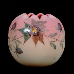 Rose Bowl, Decorated Burmese Art Glass By Webb, Hawthorn Pattern