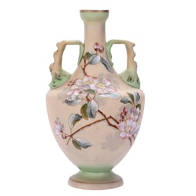 Pedestal Vase, Two Handles, Opaline Art Glass, Burmese Coloring, Green Highlights