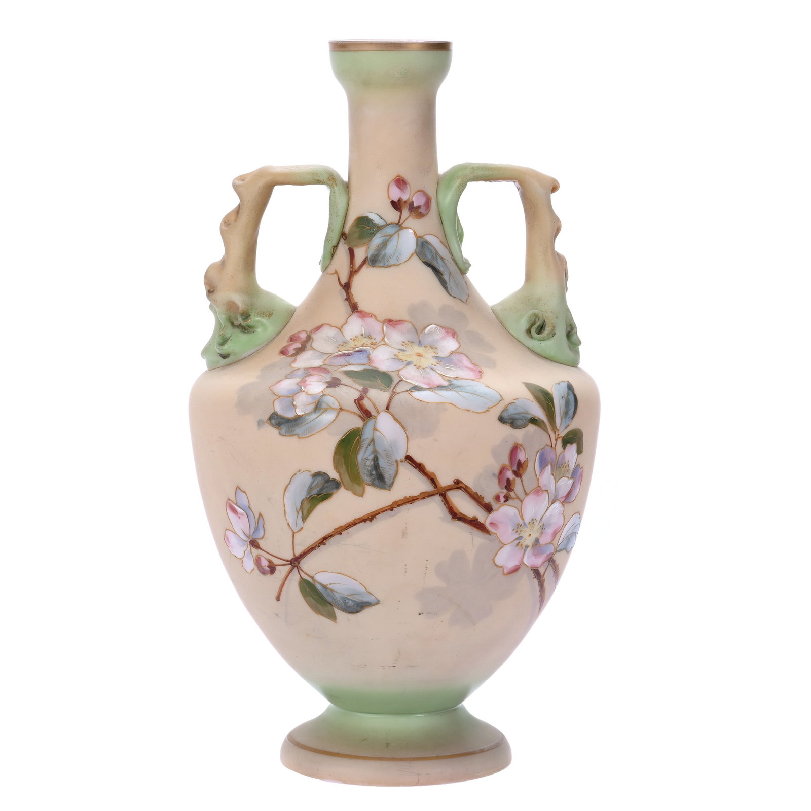 Pedestal Vase, Two Handles, Opaline Art Glass, Burmese Coloring, Green Highlights (1 of 3)