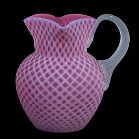 Water Pitcher, Pink Satin Opalescent Diamond Quilted MOP Art Glass