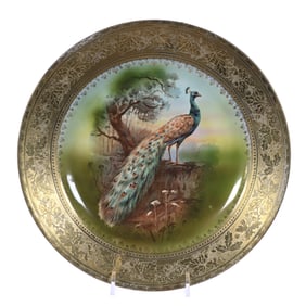 Plate, Royal Bayreuth Blue Mark, Peacock Scenic Decor, Brocade Gold Border
