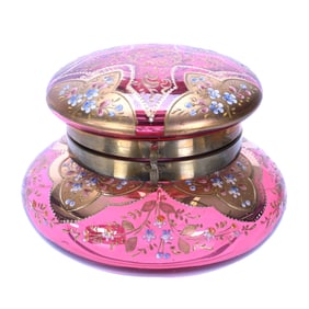 Jewel Box, Cranberry Bohemian Art Glass With Heavy Gold And Enameled Floral Decor