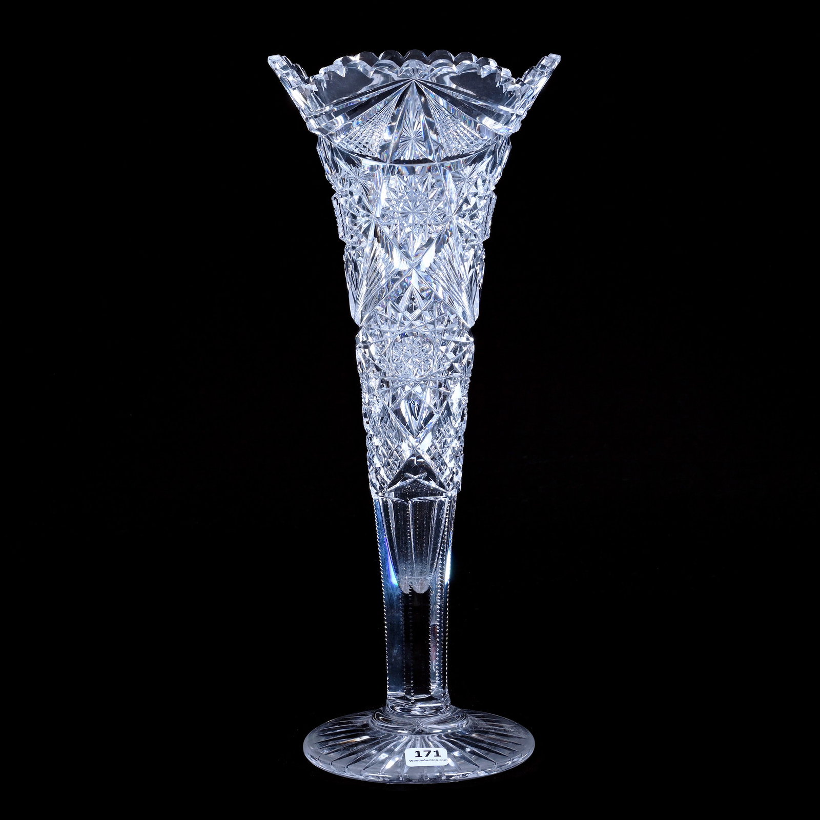 Trumpet Vase, American Brilliant Cut Glass, Colonna Pattern By Libbey: 3.64 lbs, 14.75" x 6", Trumpet Vase, American Brilliant Cut Glass, Colonna Pattern By Libbey, Ray Cut Foot, Rim Nick, Barbara Smalley Collection, Kansas.