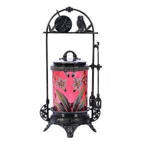 Victorian Pickle Castor, Cranberry Coinspot Art Glass Insert, Enamel Floral Decor