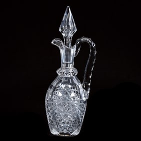 Handled Decanter, American Brilliant Cut Glass, Hobstar And Prism Motif
