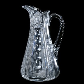 Water Pitcher, American Brilliant Cut Glass, Alternating Vertical Columns Of Bullseye, Prism And