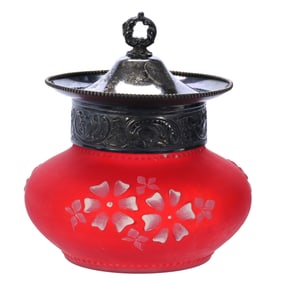 Biscuit Jar, Pigeon Blood Frosted Art Glass, Coreopsis Pattern, White Enamel Highlights