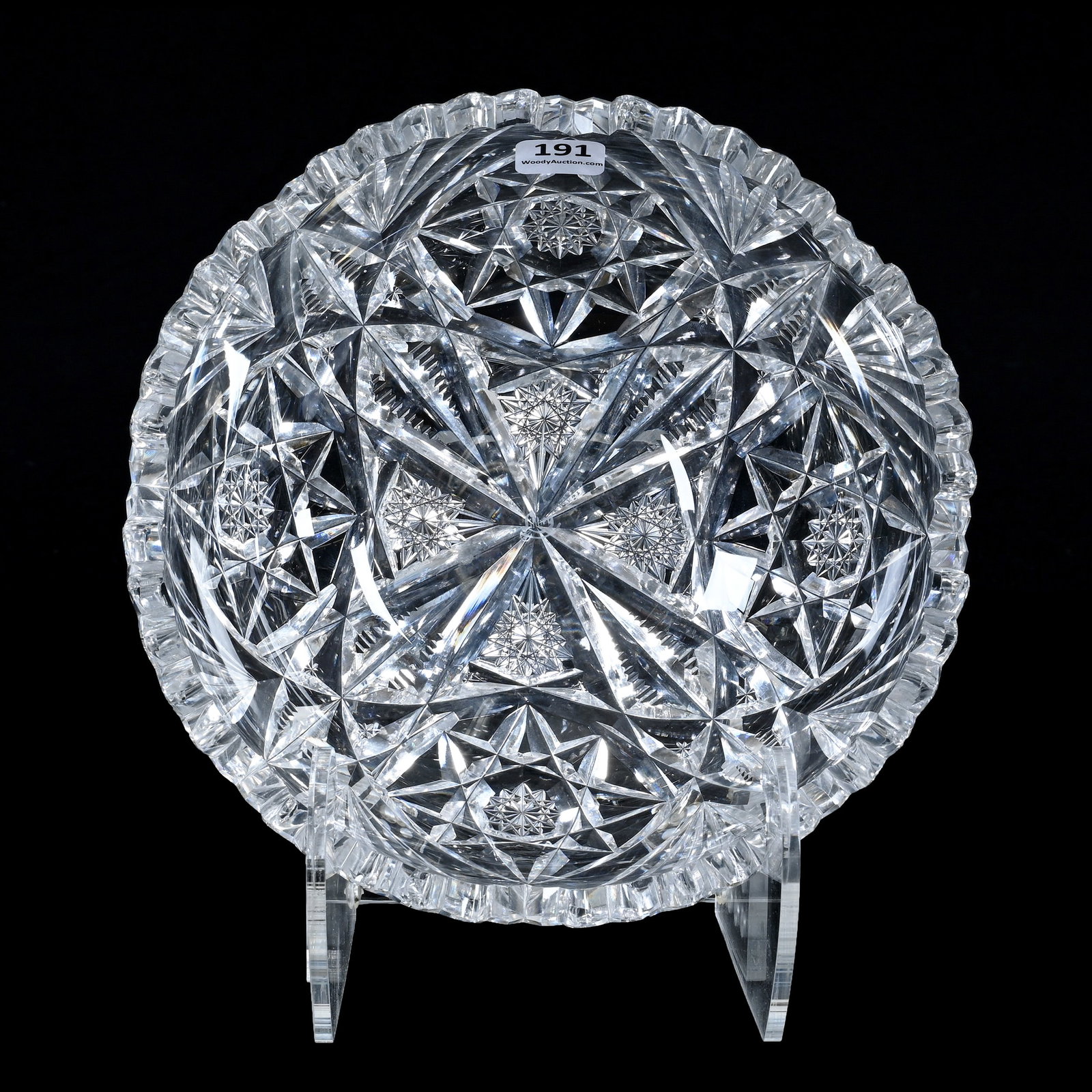 Bowl, American Brilliant Cut Glass, Signed Libbey, Four Sections Of Hobstar, Split Diamond, Zipper: 3.32 lbs, 3.25" x 8.25", Bowl, American Brilliant Cut Glass, Signed Libbey, Four Sections Of Hobstar, Split Diamond, Zipper And Fan Motif, One Serious Tooth Chip, Some Small Tooth Nicks, Barbara Small