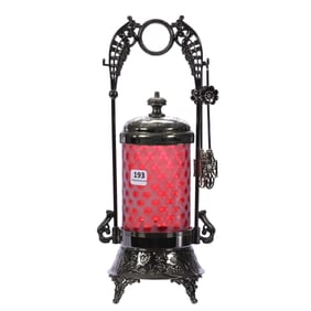 Victorian Pickle Castor, Cranberry Opalescent Art Glass Insert