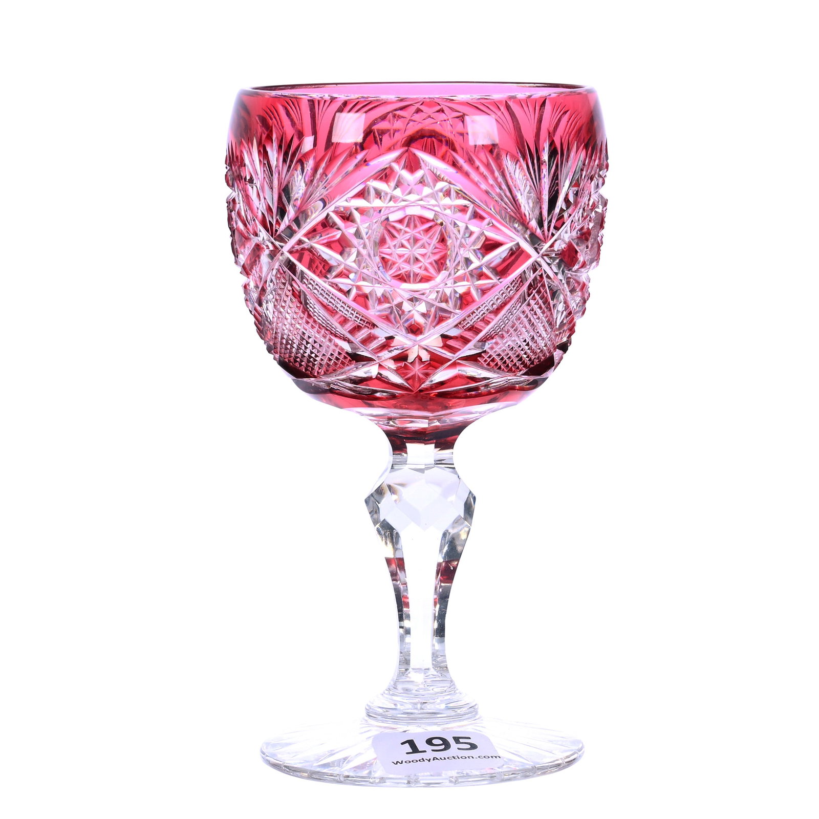 Wine Stem, American Brilliant Cut Glass, Cranberry Cut To Clear: 0.48 lbs, 5" x 2.75", Wine Stem, American Brilliant Cut Glass, Cranberry Cut To Clear, Hobstar, Crosscutting, Star And Fan Motif, Ray Cut Foot, Possible Touch-Up To Foot And Rim, Bill And Kathleen Pra