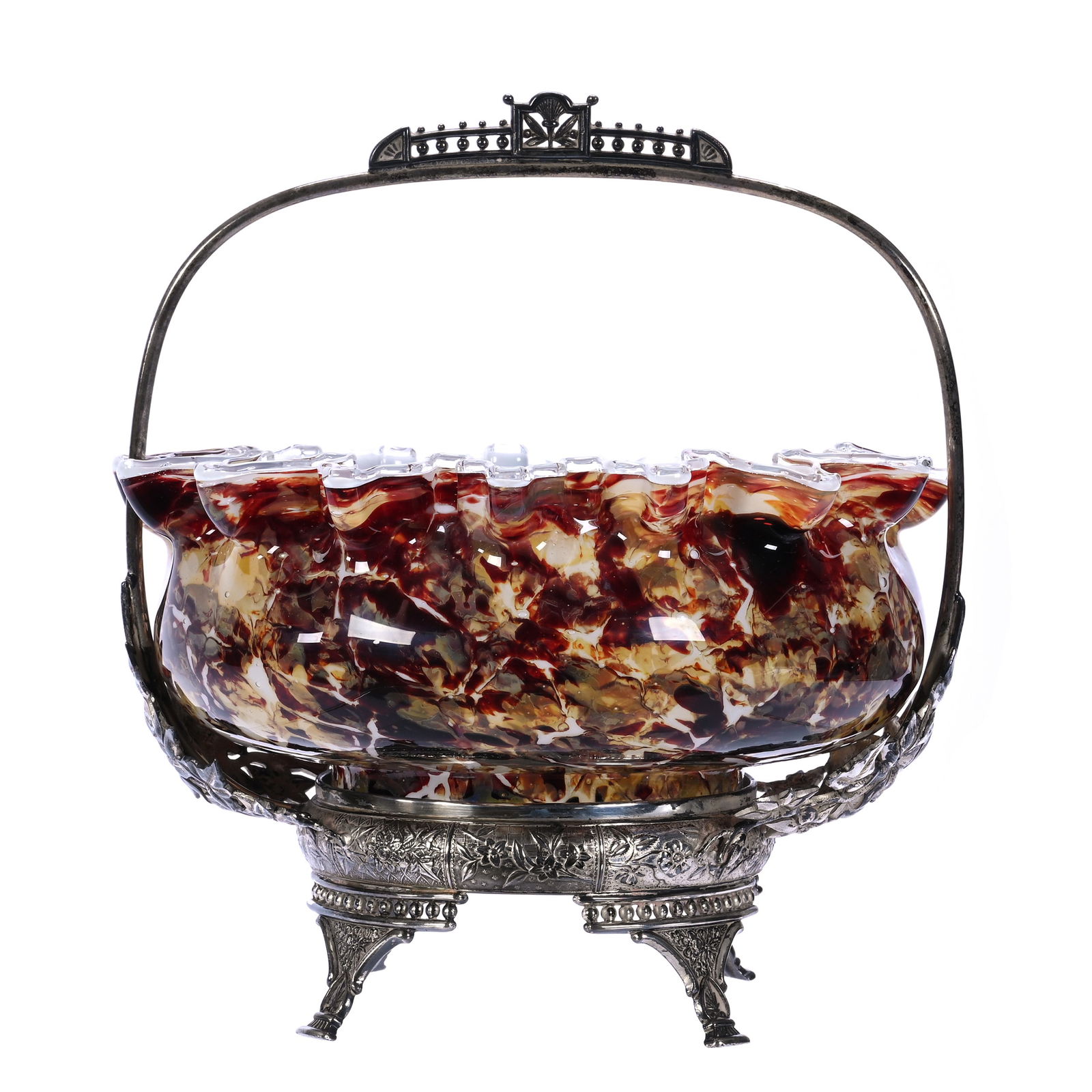 Victorian Brides Basket, Cased Art Glass, Tortoise Shell Exterior, White Interior, Crimped Edge: 4.25 lbs, 11" x 10" x 10", Victorian Brides Basket, Cased Art Glass, Tortoise Shell Exterior, White Interior, Crimped Edge, Set On Silverplate Frame, Nebraska Private Collection.