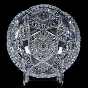 Large Bowl, American Brilliant Cut Glass, Three Alternating Sections Of Hobstar, Vesica, Cane,