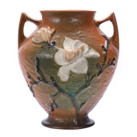 Vase, Two Handles, Roseville #92-8 Art Pottery, Magnolia Pattern