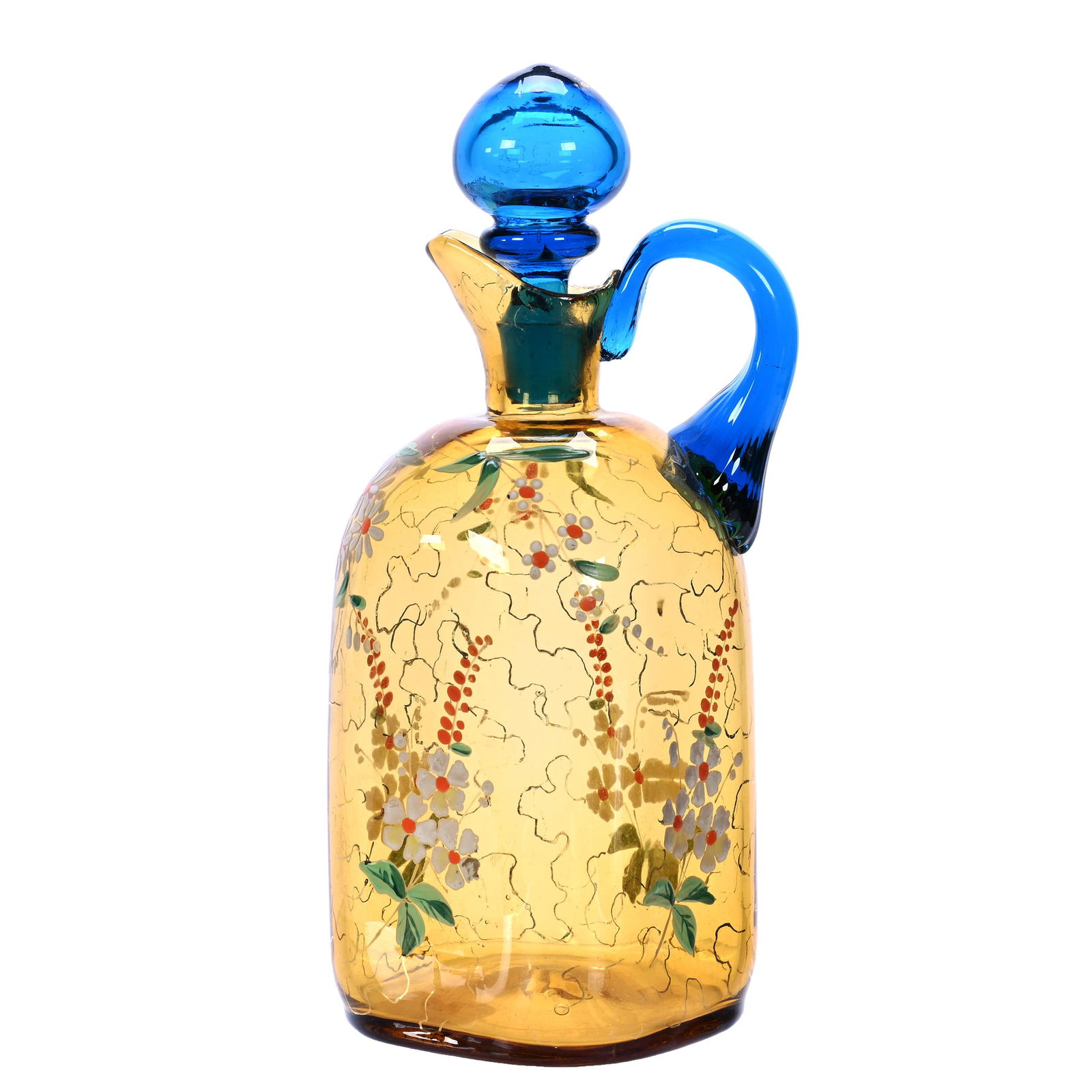 Decanter, Four-Sided, Unmarked Moser Amber Art Glass, Enamel Floral Decor: 0.64 lbs, 7" x 3.25", Decanter, Four-Sided, Unmarked Moser Amber Art Glass, Enamel Floral Decor, Gold Stencil Highlights, Blue Applied Handle, Matching Stopper, Some Gold Stencil Wear, Bill And Kathle
