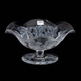 Pedestal Ruffled Bowl, American Brilliant Cut Glass, Signed Tuthill