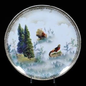 Round Wall Plaque, Unmarked R.S. Prussia, Pheasant And Evergreen Scenic Decor
