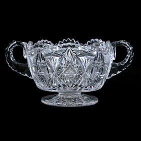 Pedestal Ice Tub, Two Handles, American Brilliant Cut Glass, Hobstar, Block, Crosscutting, Prism And