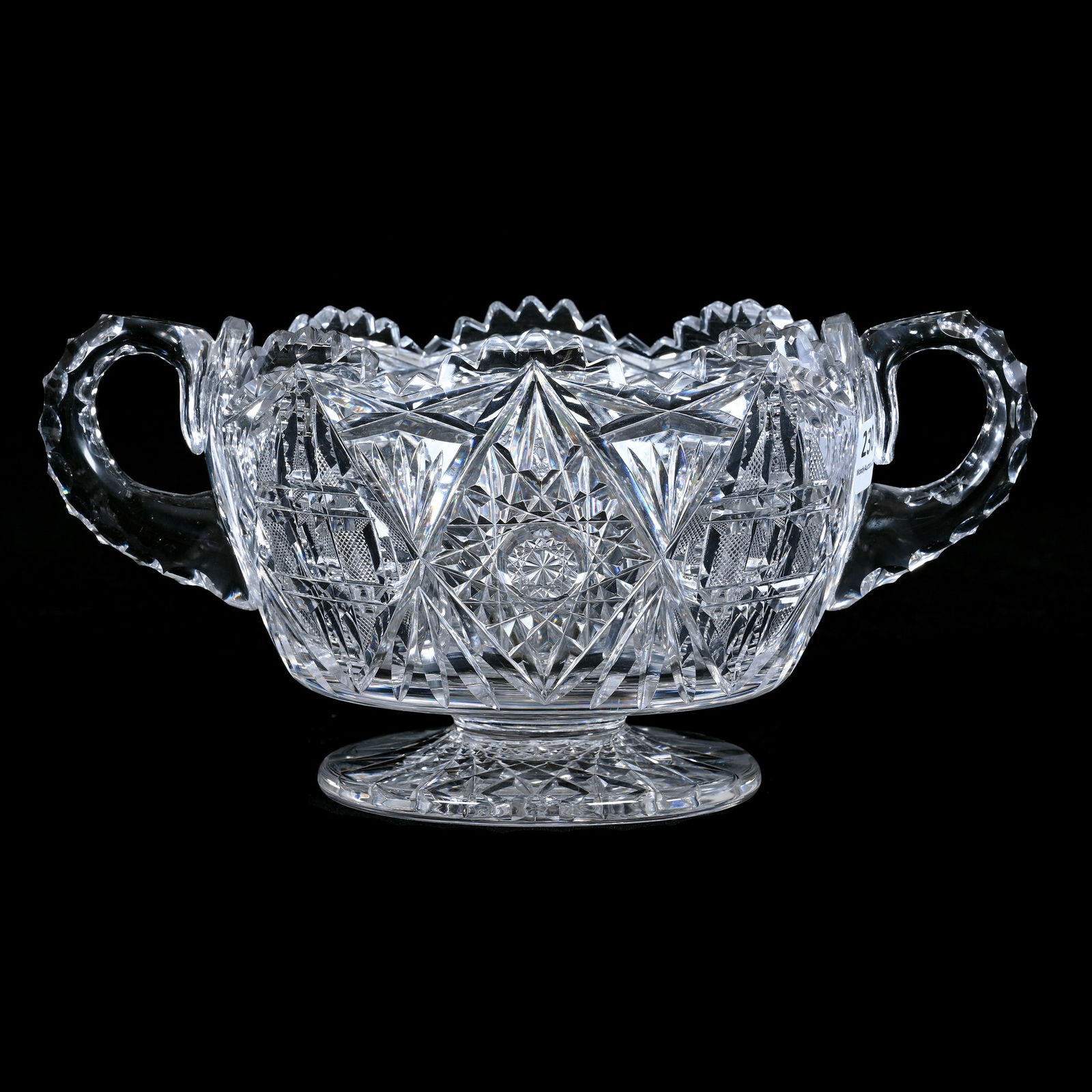 Pedestal Ice Tub, Two Handles, American Brilliant Cut Glass, Hobstar, Block, Crosscutting, Prism And: 3.80 lbs, 4.75" x 9.75" x 6.5", Pedestal Ice Tub, Two Handles, American Brilliant Cut Glass, Hobstar, Block, Crosscutting, Prism And Fan Motif, Triple Notched Handles, Hobstar Foot, Tooth Chip, Some L