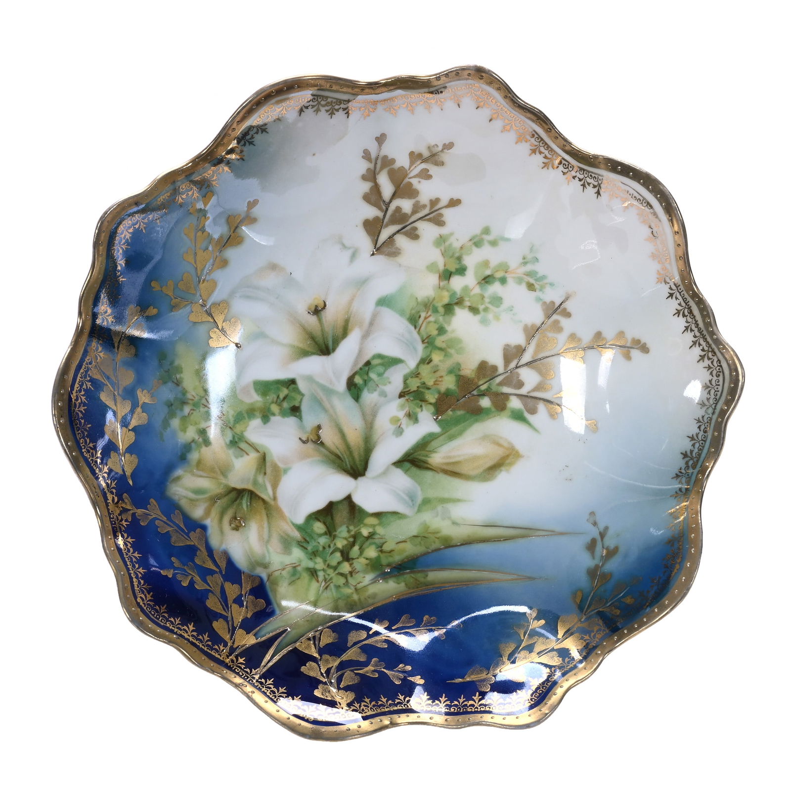 Compote, Unmarked R.S. Prussia, White And Cobalt Blue, Easter Lily Decor (1 of 3)