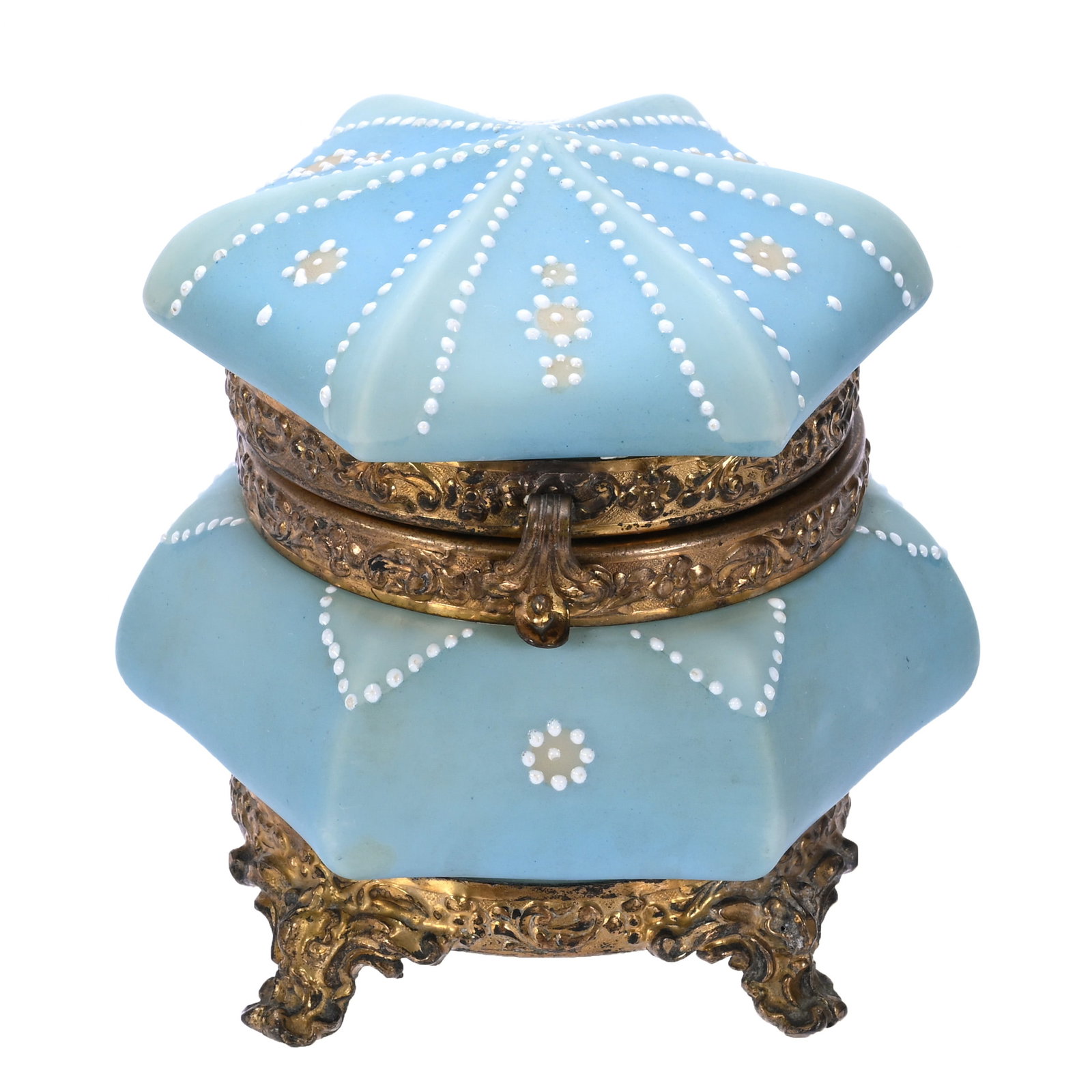 Jewel Box, Six-Sided, Marked Nakara Art Glass: 0.70 lbs, 3.75" x 4", Jewel Box, Six-Sided, Marked Nakara Art Glass, Two Green Blue With Cream, White Enamel Beaded Highlights, Armstrong Family Collection.
