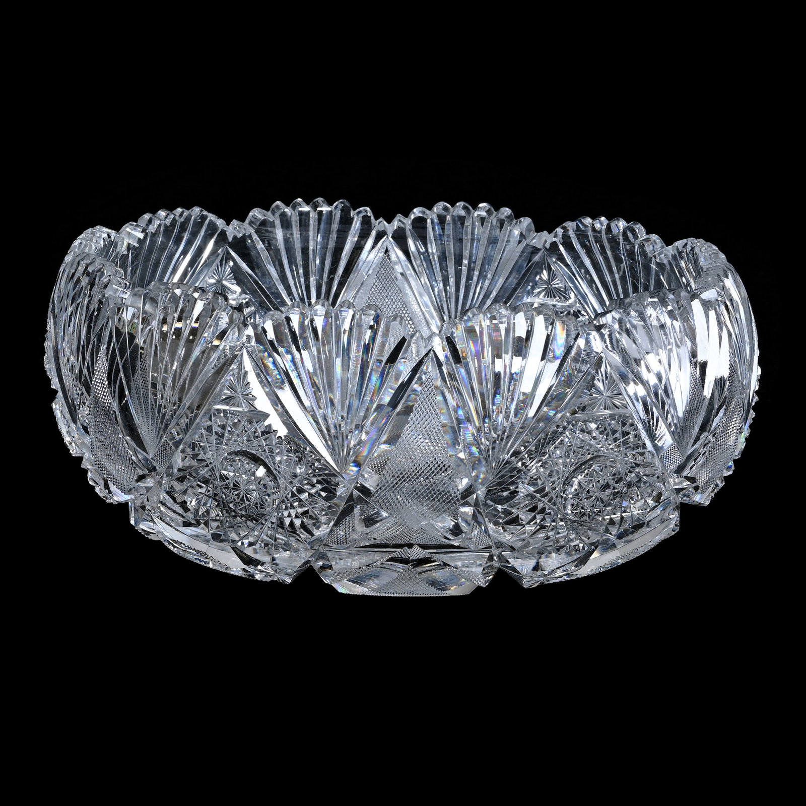 Bowl, American Brilliant Cut Glass, Six Alternating Sections Of Hobstar, Crosscutting, Star And Fan: 6.88 lbs, 4.5" x 10" , Bowl, American Brilliant Cut Glass, Six Alternating Sections Of Hobstar, Crosscutting, Star And Fan Motif, The Bob Lawroski Estate.