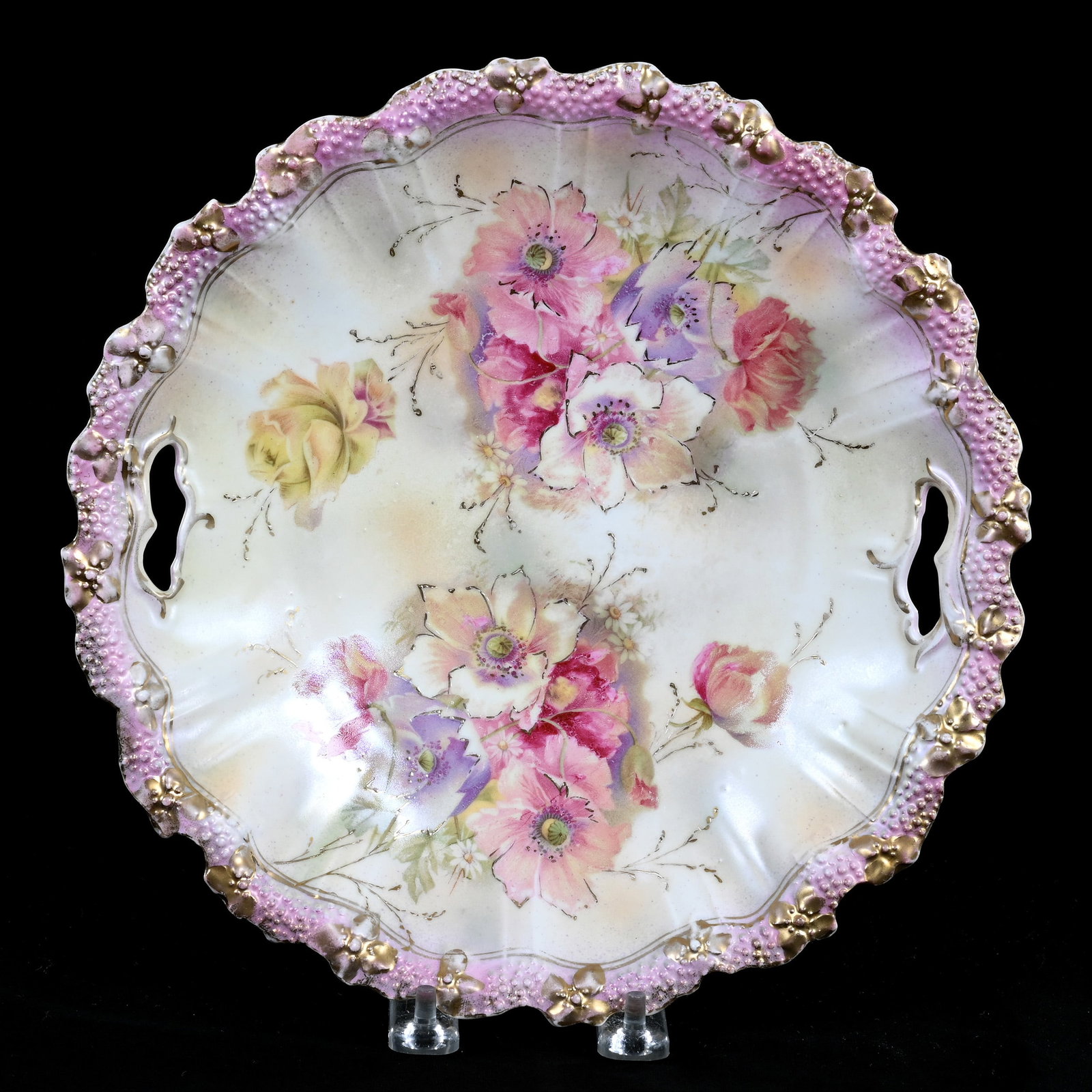 Cake Plate Marked R.S. Prussia, Stipple Mold: 1.10 lbs, 10.25" , Cake Plate Marked R.S. Prussia, Stipple Mold, Yellow And Lavender Satin Finish, Poppy Decor, Gold Trim Highlights, Illinois Private Collection.