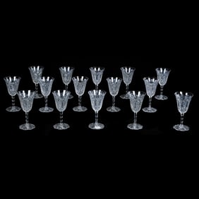 (15) Wine Stems, Brilliant Period Cut Glass, Tusk, Star Button And Fan Motif
