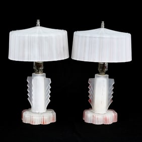 Pair Art Deco Boudoir Lamps, Frosted Art Glass With Pink Highlights