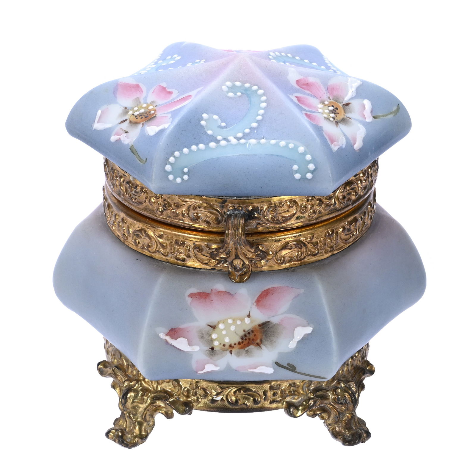 Jewel Box, Six-Sided, Marked Nakara Art Glass: 0.80 lbs, 3.75" x 4", Jewel Box, Six-Sided, Marked Nakara Art Glass, Lavender, Blue And Pink, Pink Floral Decor, White Enamel Beaded Tapestry Highlights, Armstrong Family Collection.