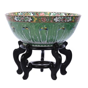 Bowl On Stand, Chinese Export, Famille Rose/Famille Vert Porcelain Also Known As Cabbage Leaf