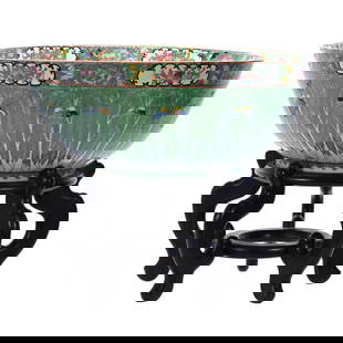 Bowl On Stand, Chinese Export, Famille Rose Porcelain Also Known As Cabbage Leaf, Unmarked Canton: 11.54 lbs, 6.5" x 15.75" bowl only, Bowl On Stand, Chinese Export, Famille Rose Porcelain Also Known As Cabbage Leaf,