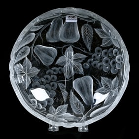 Low Bowl, American Brilliant Cut Glass, Heavily Engraved Vintage And Pear Decor