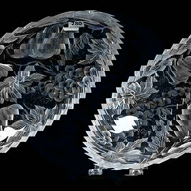 Low Bowl, American Brilliant Cut Glass, Heavily Engraved Vintage And Pear Decor: 3.52 lbs, 2.5" x 9", Low Bowl, American Brilliant Cut Glass, Heavily Engraved Vintage And Pear Decor, Attributed To Tuthill, The Bob Lawroski Estate.