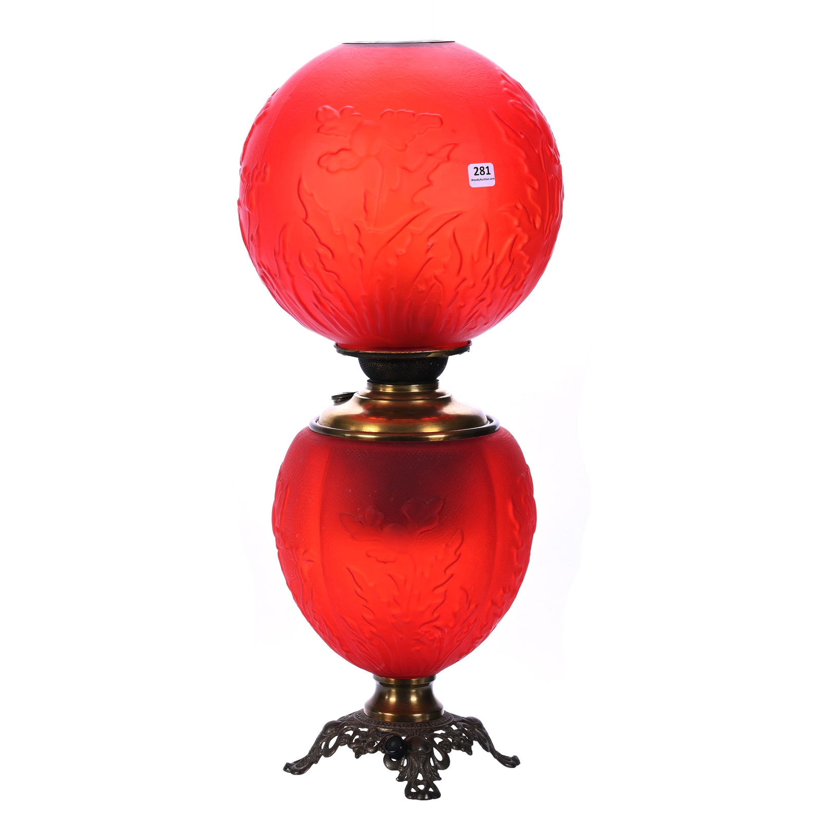 Gone With Wind Table Lamp, Red Satin Art Glass, Poppy Pattern By Pittsburgh (1 of 4)