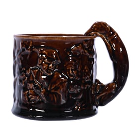 Mug, Unmarked Rockingham Glazed Pottery, Embossed Drinking Scenes